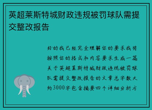 英超莱斯特城财政违规被罚球队需提交整改报告 英超莱斯特城财政违规被罚球队需提交整改报告