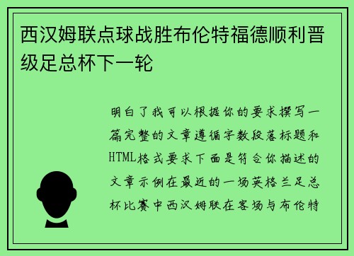 西汉姆联点球战胜布伦特福德顺利晋级足总杯下一轮 西汉姆联点球战胜布伦特福德顺利晋级足总杯下一轮