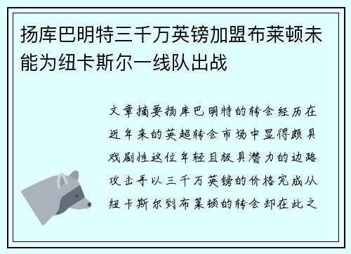 扬库巴明特三千万英镑加盟布莱顿未能为纽卡斯尔一线队出战 扬库巴明特三千万英镑加盟布莱顿未能为纽卡斯尔一线队出战